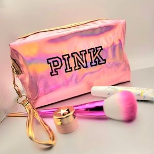 New PINK holographic cosmetic, clutch bag with zippered top, wristlet, pink ice
